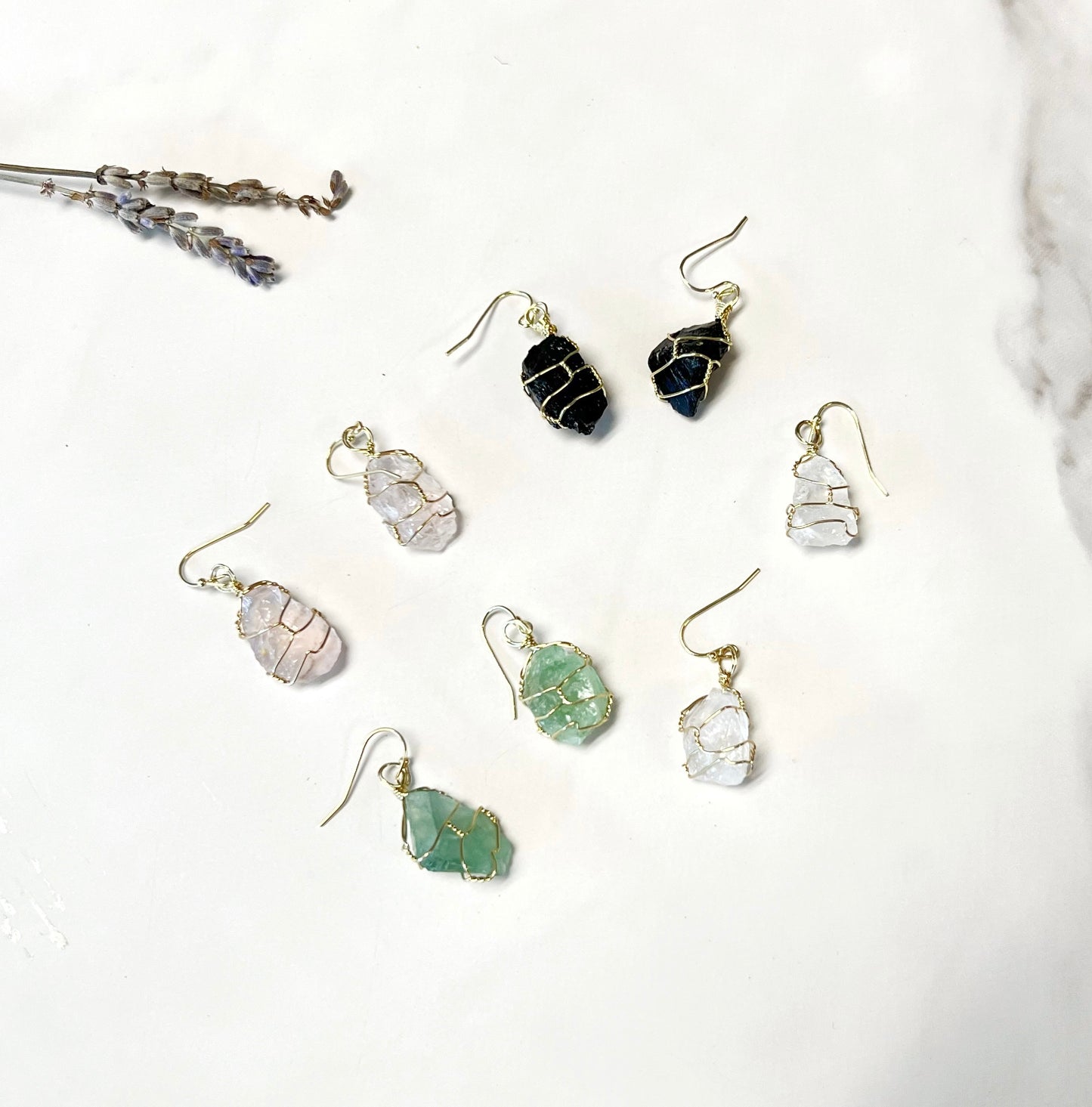 Raw Gemstone Gold Wire Wrapped Earring