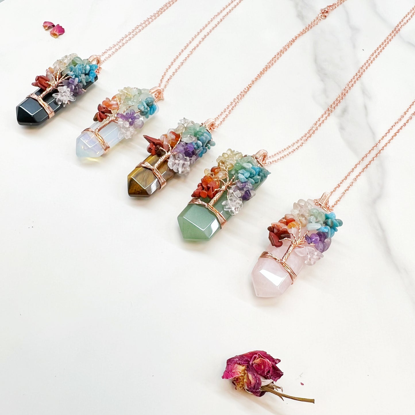 Chakra Wire Wrapped Tree of Life Dagger Necklace