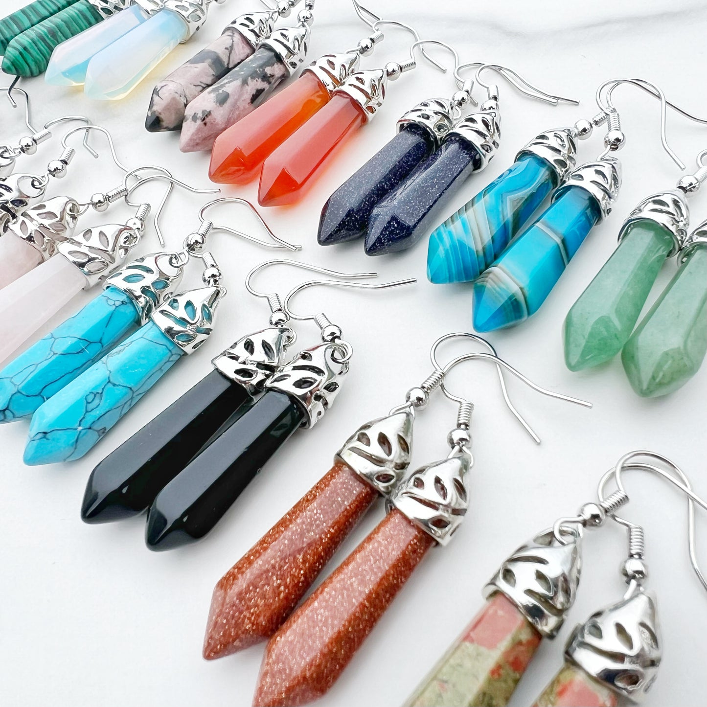 Healing Gemstone Hexagon Point Earring - 16 Colors