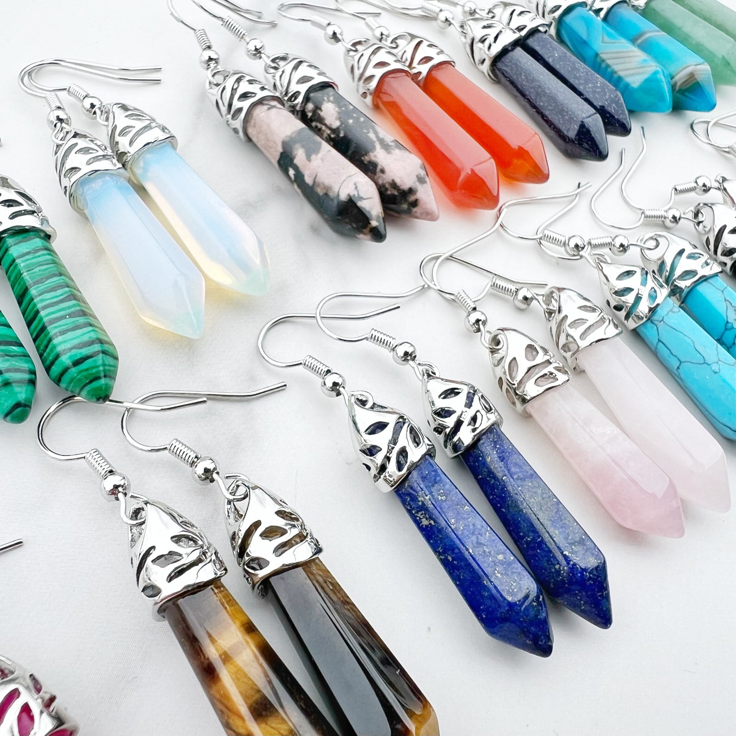 Healing Gemstone Hexagon Point Earring - 16 Colors