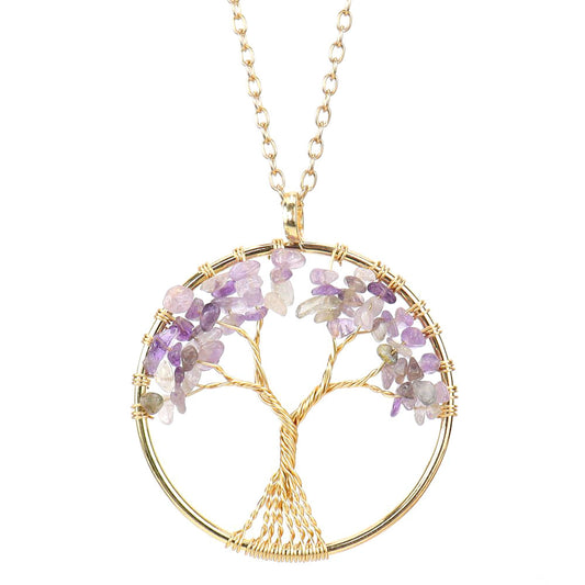 Large Gold Tree of Life Necklace - Amethyst