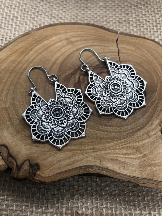 Boho Mandala Earrings- Silver