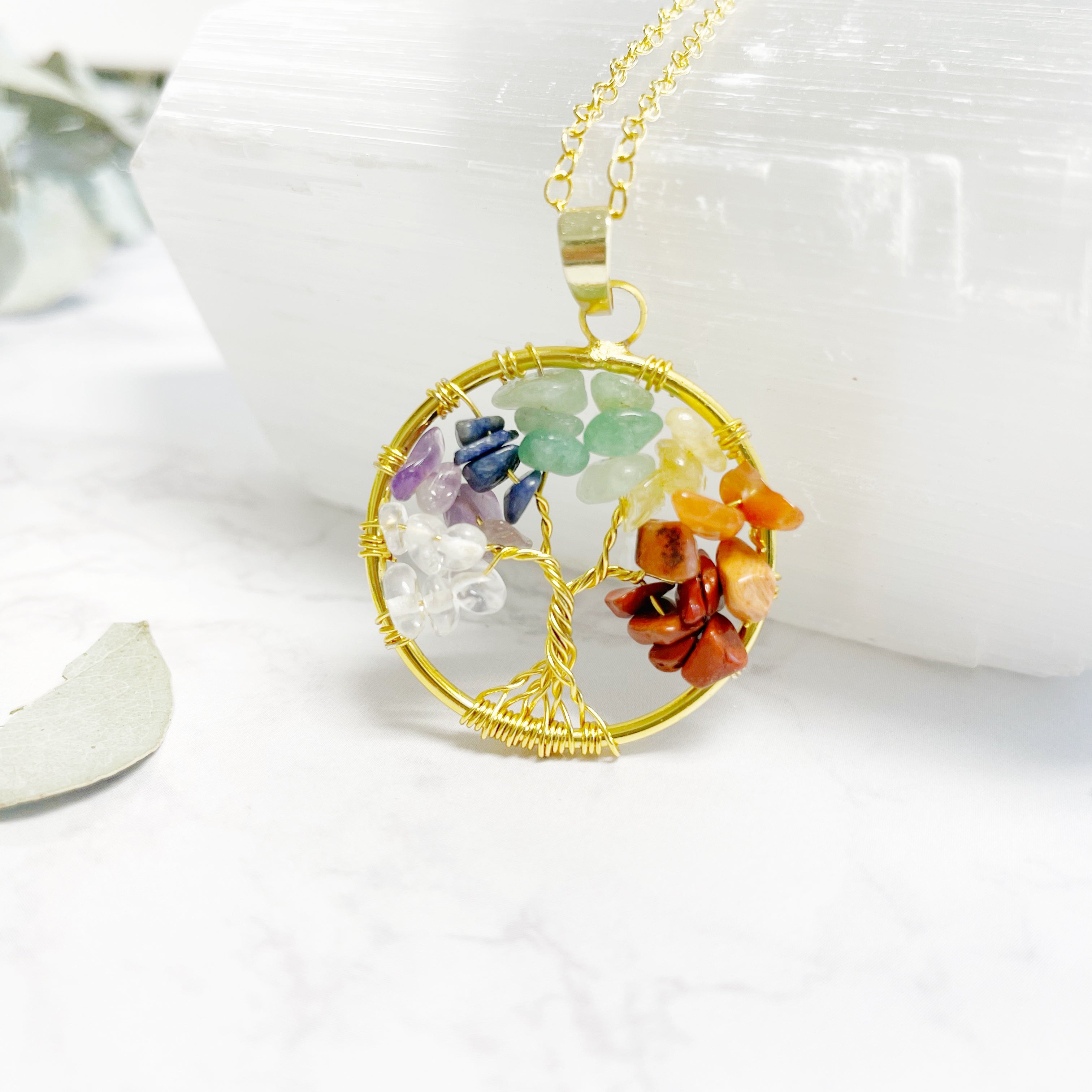 Natural Tree of Life Necklace 7 Chakra Crystal Stone Pendant Handmade  Healing Colour Quartz Wedding Jewelry for Women Necklace