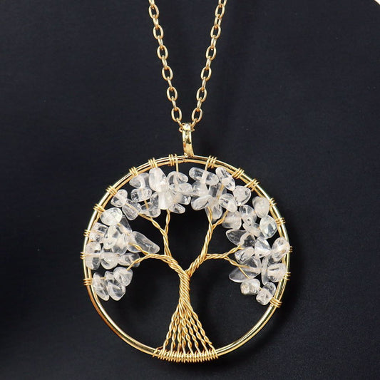 Large Gold Tree of Life Necklace - Clear Quartz