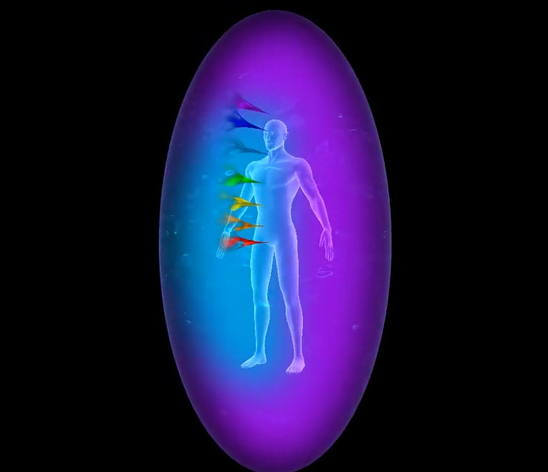 Full-body aura visualization showing chakra energy centers surrounded by blue and purple aura colors