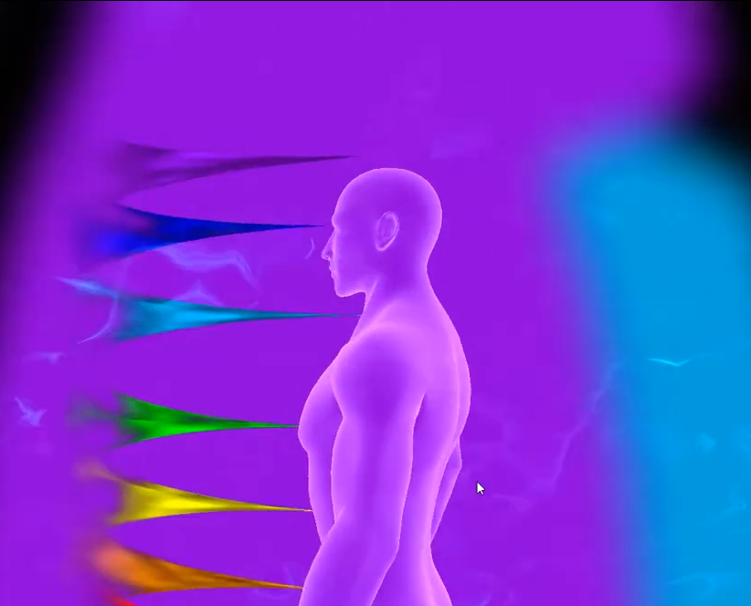 Side-view illustration of the body showing chakra energy centers within a purple and blue aura field