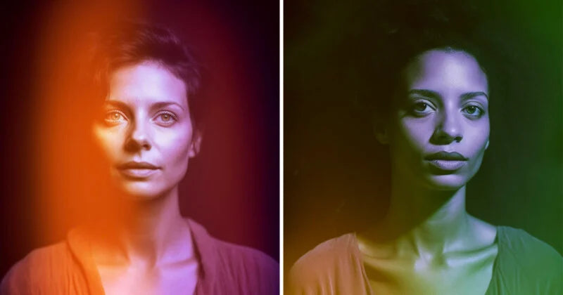 Two aura photography examples showing portraits surrounded by orange, red, green and blue energy colors