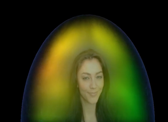 Aura photo showing a woman surrounded by a bright yellow and green energy field.