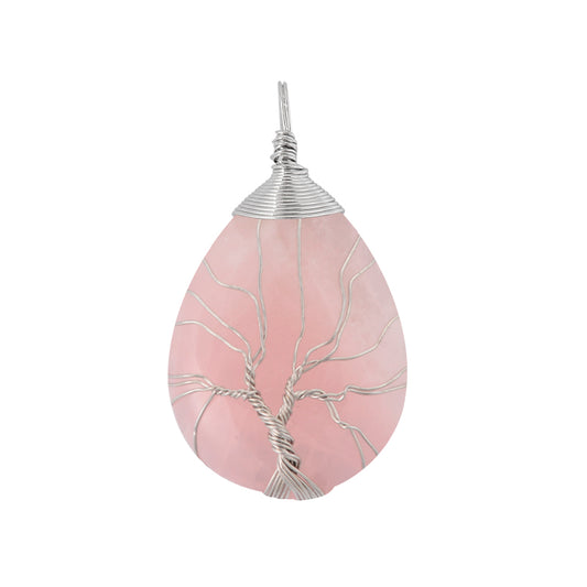 Rose Quartz Wire Silver Tree of Life-Necklace