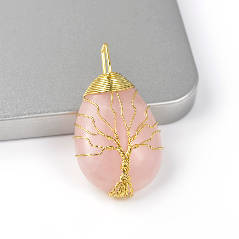 Rose Quartz Wire Wrapped Tree of Life Gold-Necklace
