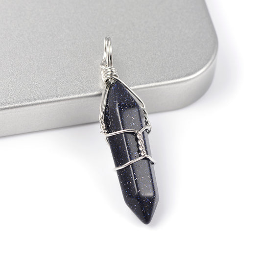 Blue Goldstone Point Wire Wrapped-Necklace