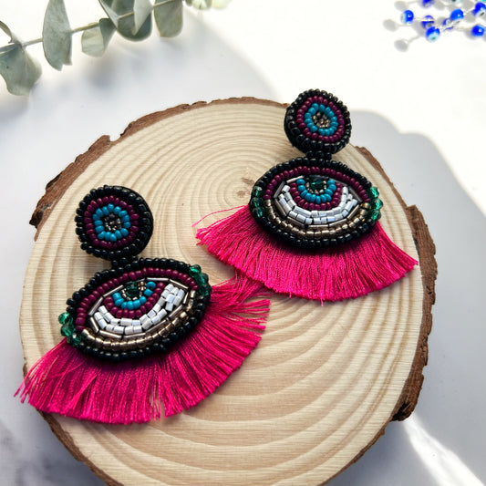 Seed Beads Evil Eye Statement Earring - Red