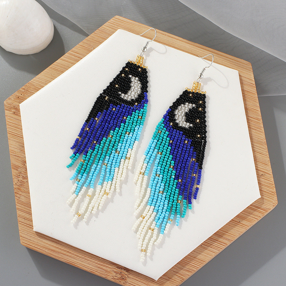 Seed Beads Celestial Moon Fringe Earrings - Blue